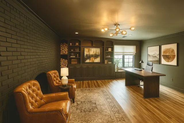a living room with furniture chandelier and wooden floor