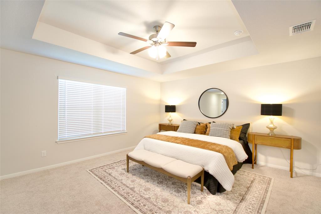 11229 Solar Street Lorena, TX 76655 - Photo 21 of 34 Bedroom with light colored carpet, a raised ceiling, and ceiling fan
