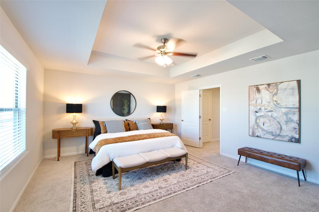 11229 Solar Street Lorena, TX 76655 - Photo 22 of 34 Bedroom with a raised ceiling, light colored carpet, and a ceiling fan