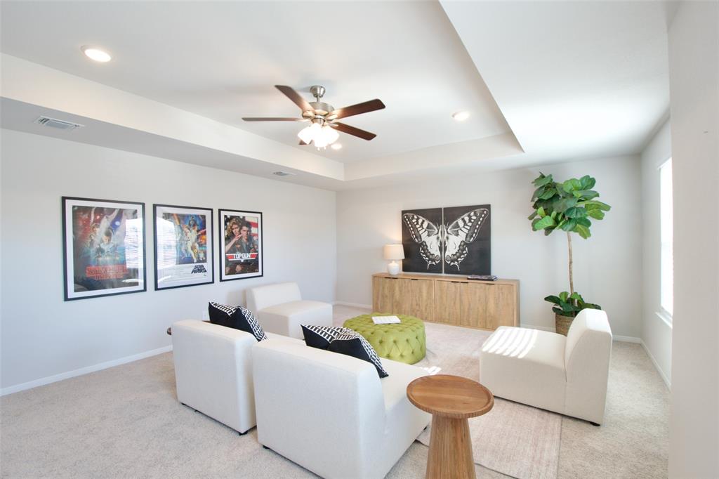 11229 Solar Street Lorena, TX 76655 - Photo 28 of 34 Living area with carpet floors, ceiling fan, and a raised ceiling