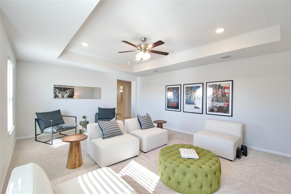 11229 Solar Street Lorena, TX 76655 - Photo 30 of 34 Living room with a tray ceiling, carpet floors, a ceiling fan, and recessed lighting