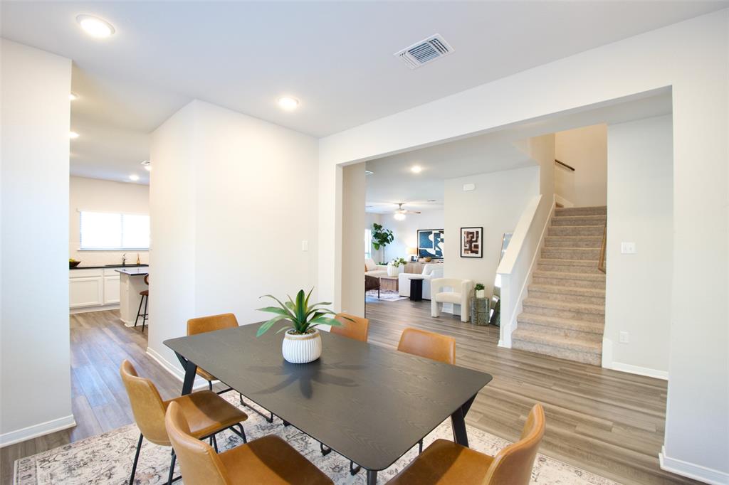 11229 Solar Street Lorena, TX 76655 - Photo 6 of 34 Dining area with stairway, light wood-style flooring, recessed lighting, and ceiling fan