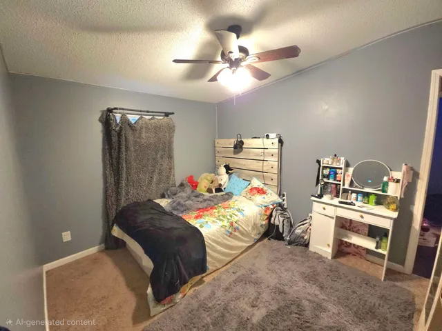 a bedroom that has a bed and a chandelier