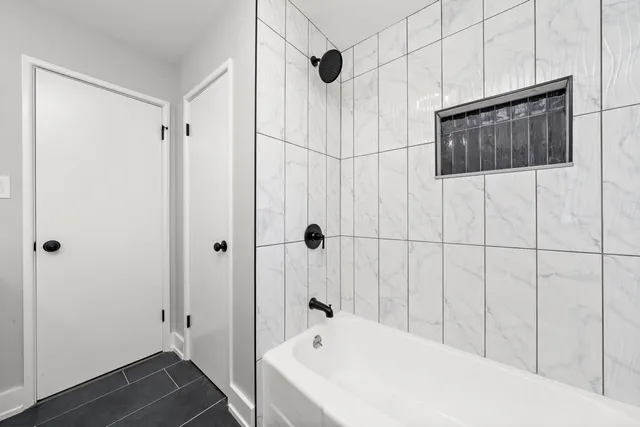 a bathroom with a bathtub