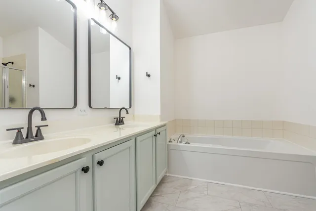a bathroom with a double vanity sink and mirror with bathtub