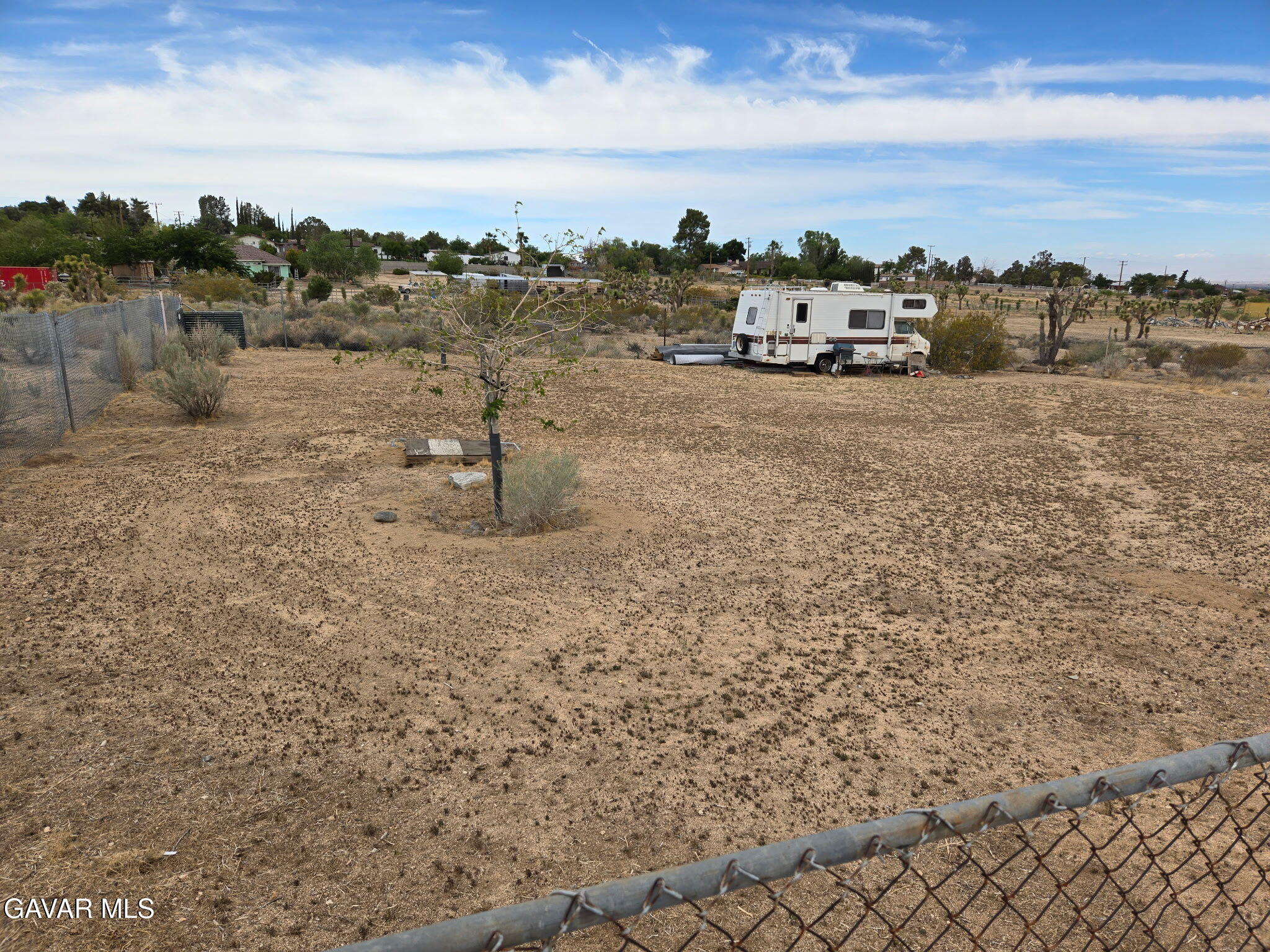 a view of a dry yard with wooden fence
