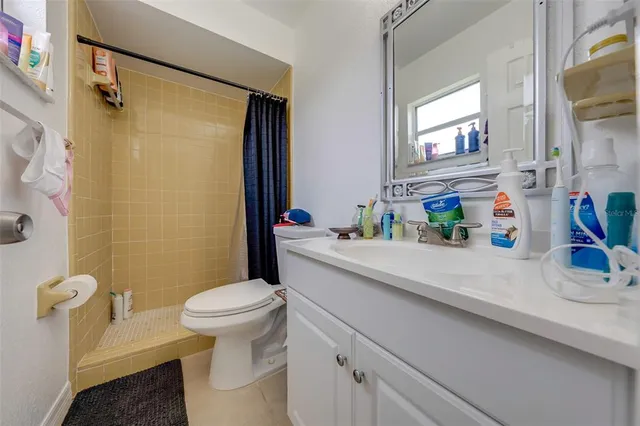 a bathroom with a sink a toilet and shower curtain