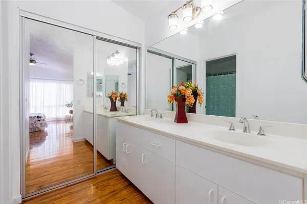 a bathroom with a sink mirror and a shower