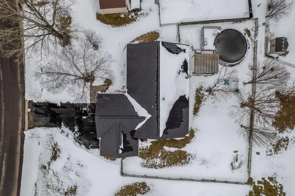 an aerial view of a backyard with a sink and a washer dryer