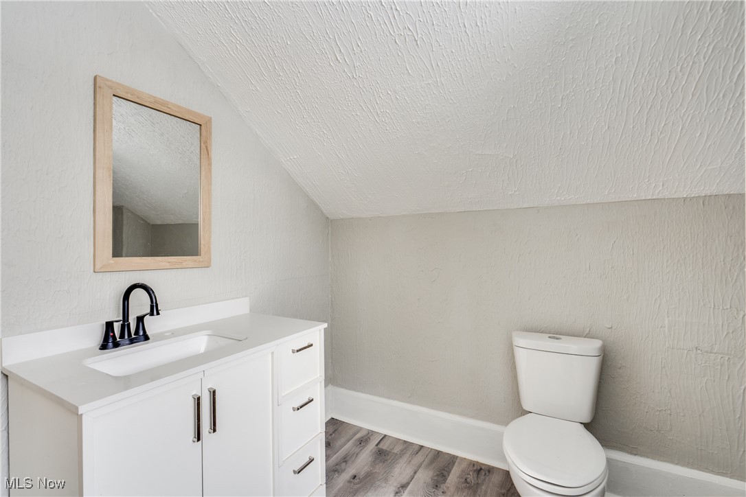 46 Rosenberry Street Alliance, OH 44601 - Photo 32 of 39 Bathroom with lofted ceiling, vanity, a textured ceiling, light wood finished floors, and a textured wall