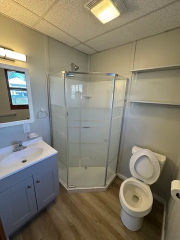 a bathroom with a toilet and a shower
