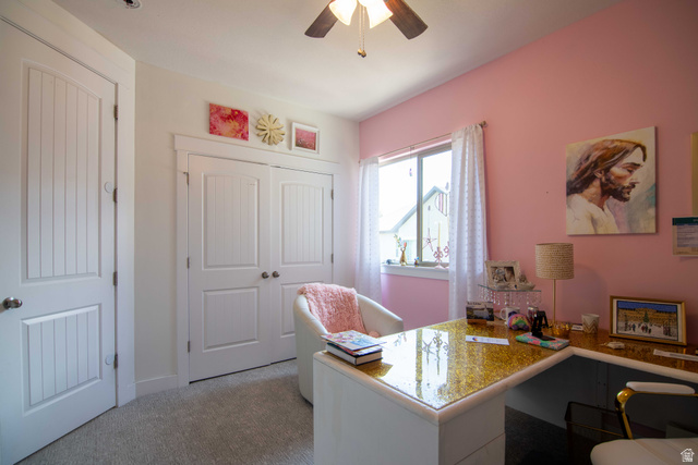 646 East 1400th Street North Mapleton, UT 84664 - Photo 46 of 78 Interior room featuring light-colored carpet flooring and a ceiling fan