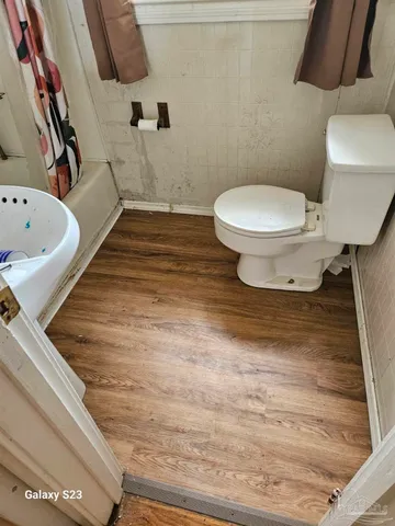 a bathroom with a toilet and a bathtub