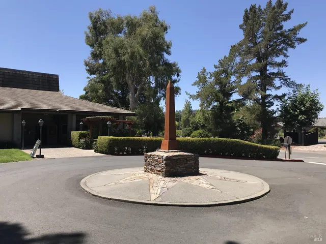 a view of a park with large trees