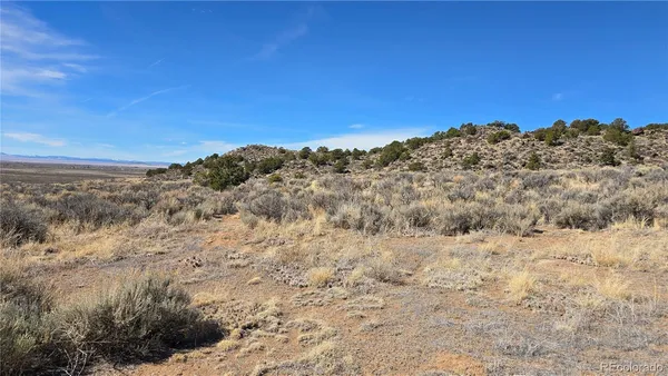 a view of a dry yard with mountains in the background
