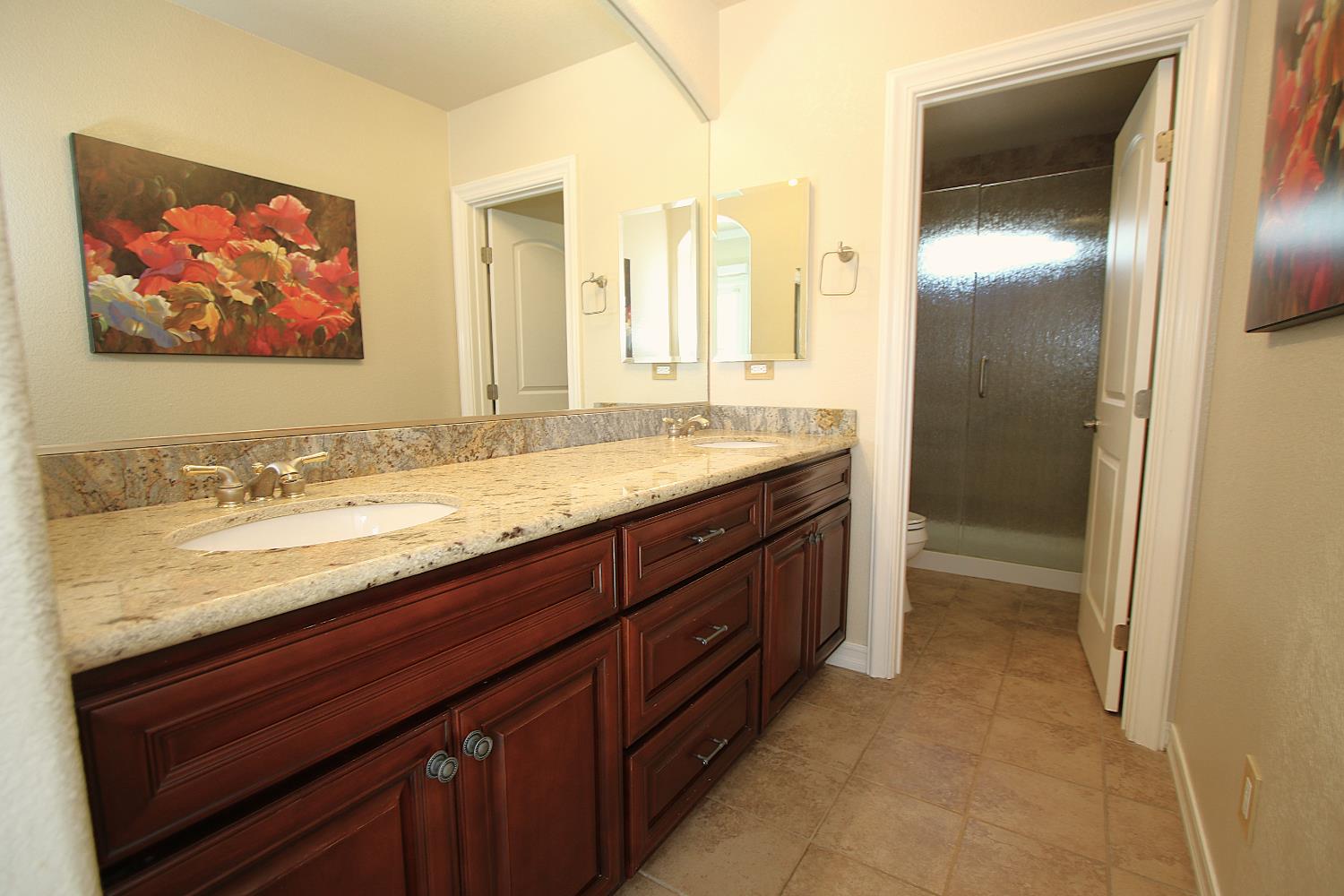 526 Melrose Street Modesto, CA 95354 - Photo 20 of 27 a bathroom with a granite countertop double vanity sink and mirror