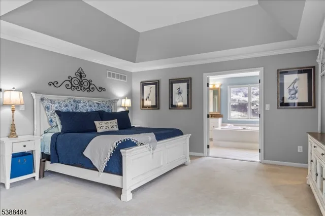 a bedroom with a large bed and a chandelier