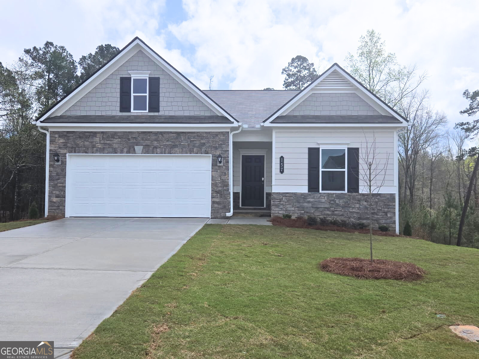 a front view of a house with a yard and garage