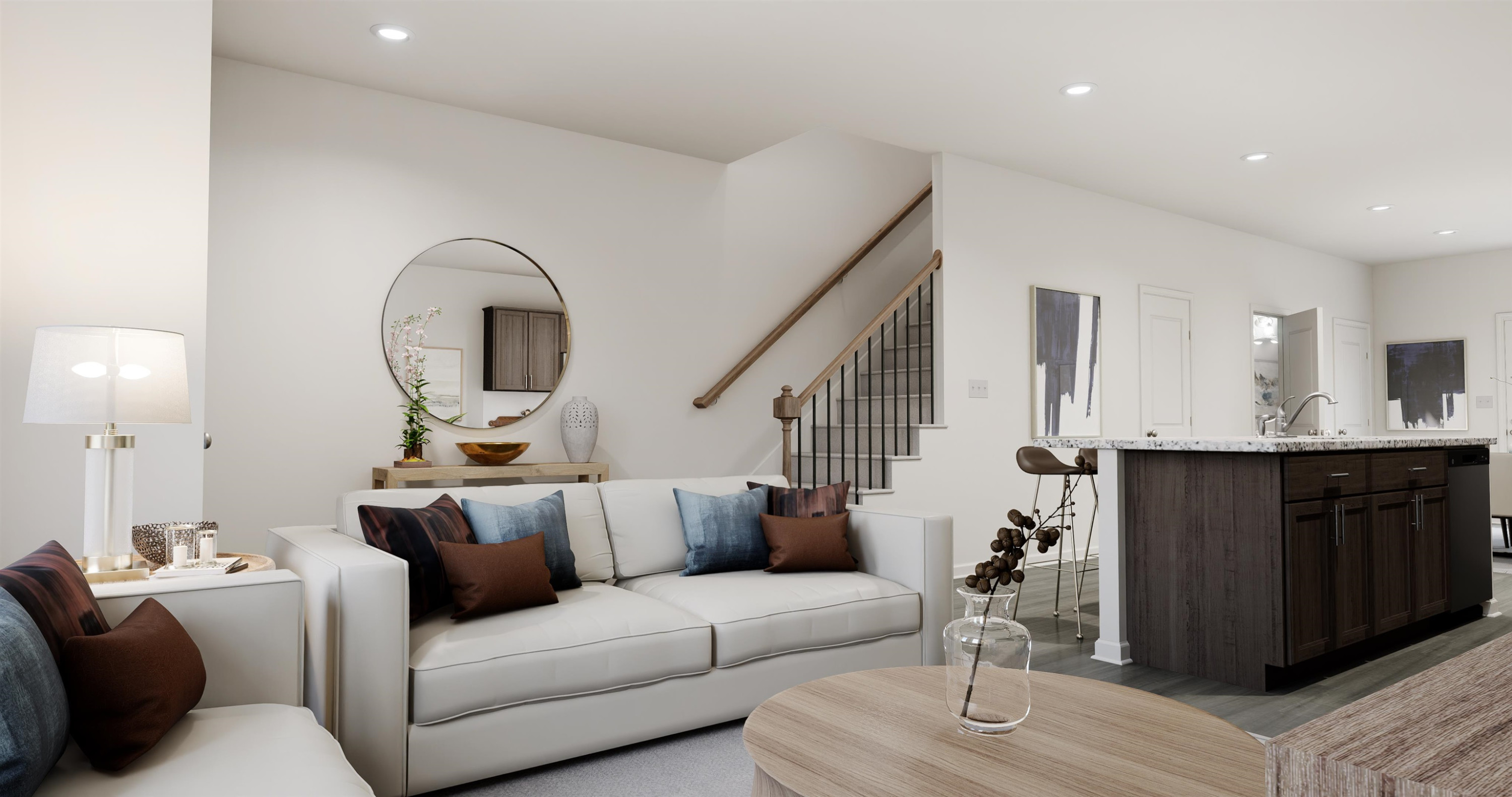 5019 Microcline Trail, Unit 813 MEREDITH B Raleigh, NC 27610 - Photo 5 of 16 a living room with furniture a mirror and a view of en suite bathroom