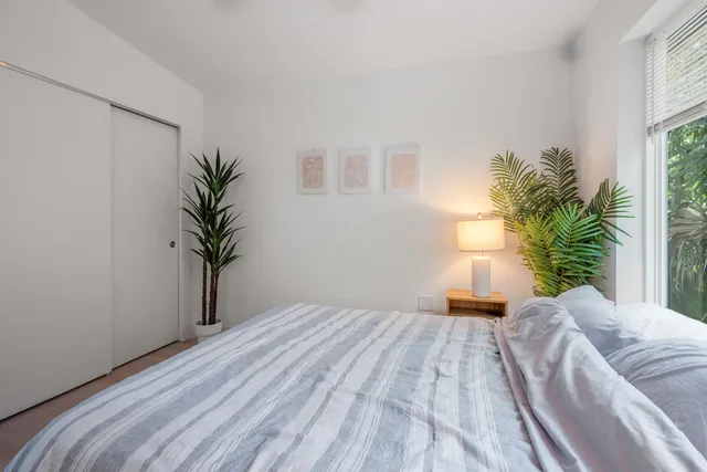 a bedroom with a large bed and a potted plant