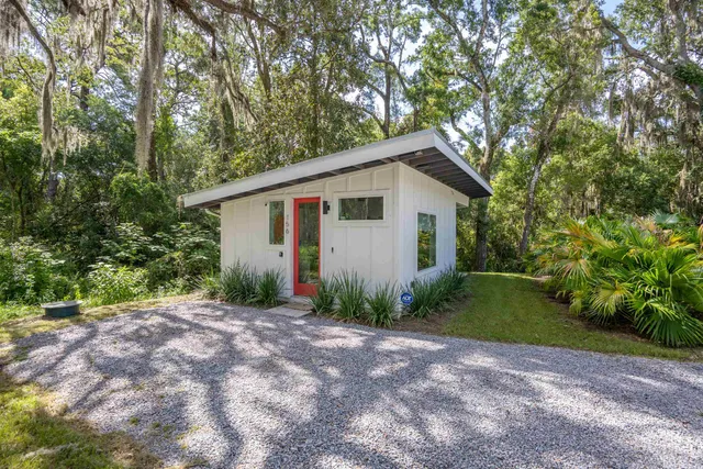 a view of a backyard with plants and large trees