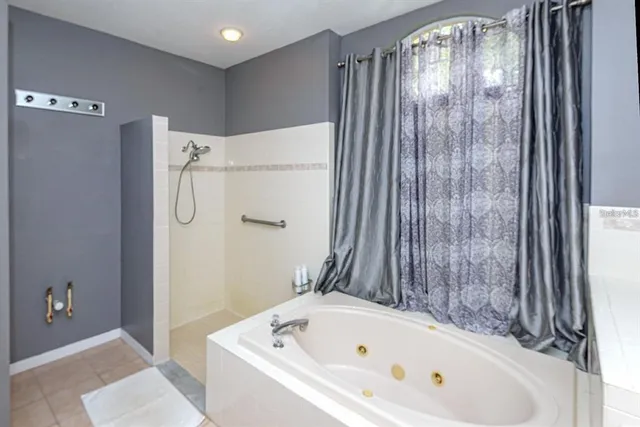 a bathroom with a bathtub and shower
