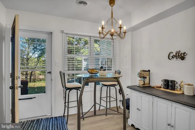 a view of a dining room with furniture window and outside view