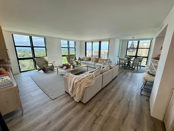 a living room with furniture and a large window