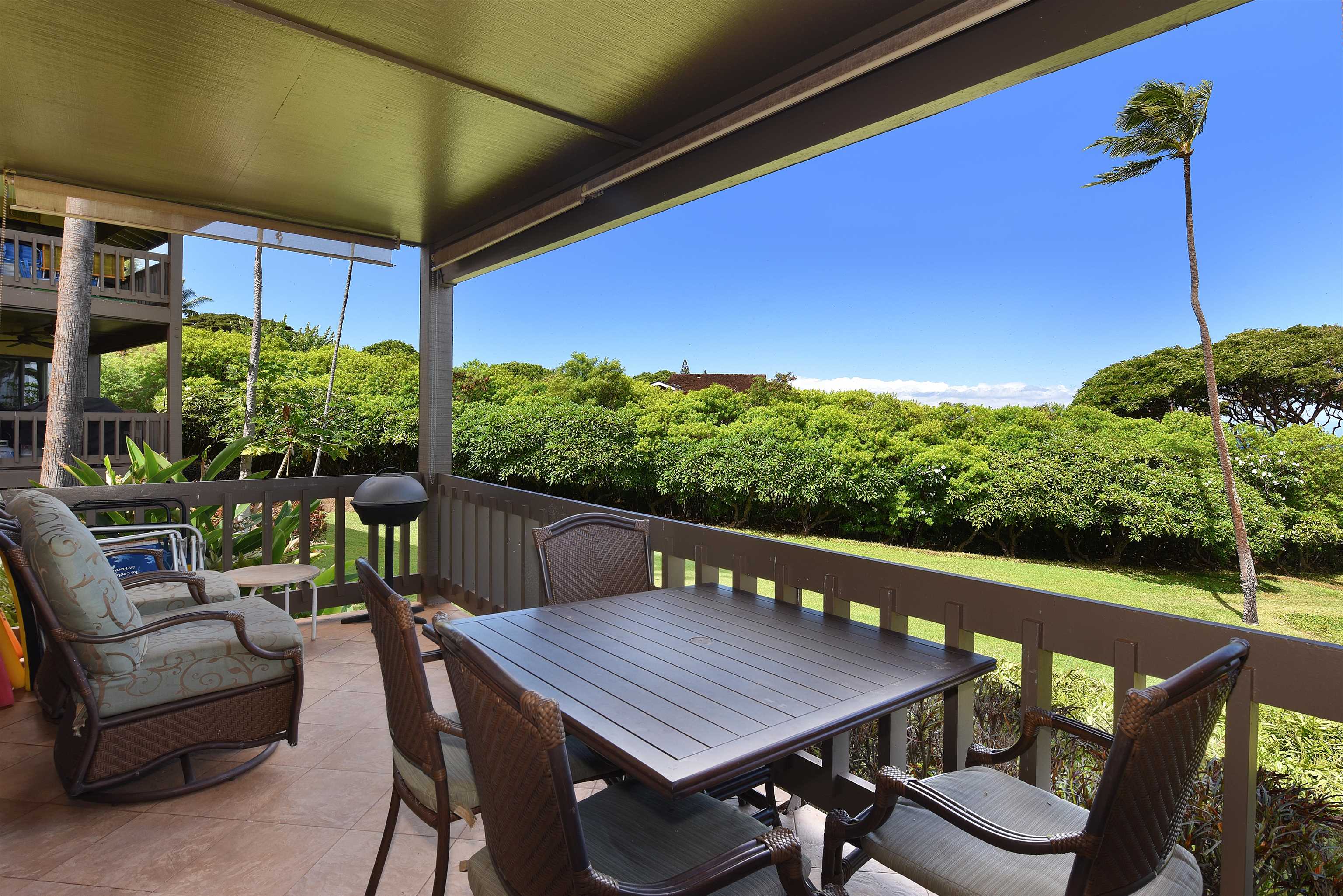 150 Puukolii Road, Unit 52 Lahaina, HI 96761 - Photo 19 of 50 a view of a patio with table and chairs potted plants with wooden floor