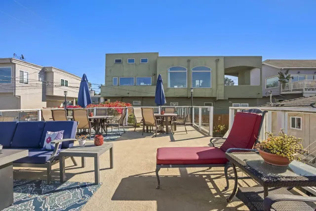 a building outdoor space with patio furniture