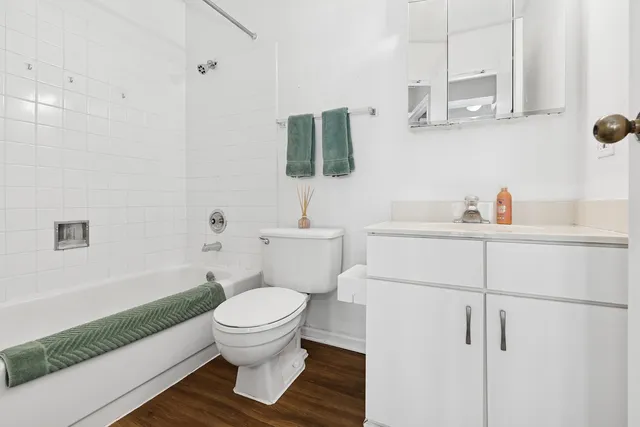 a bathroom with a sink toilet a mirror and vanity