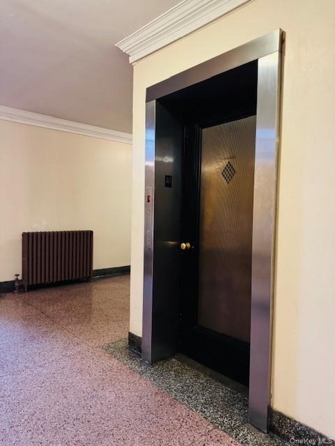 92-05 Whitney Avenue, Unit A27 Queens, NY 11373 - Photo 12 of 14 Elevator featuring radiator, ornamental molding, carpet floors, and speckle patterned floor