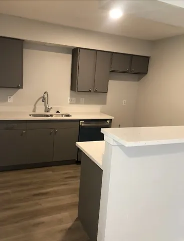 a kitchen with a sink and cabinets
