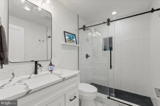 a bathroom with a granite countertop sink toilet and shower