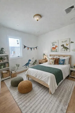 a spacious bedroom with a bed and a couch