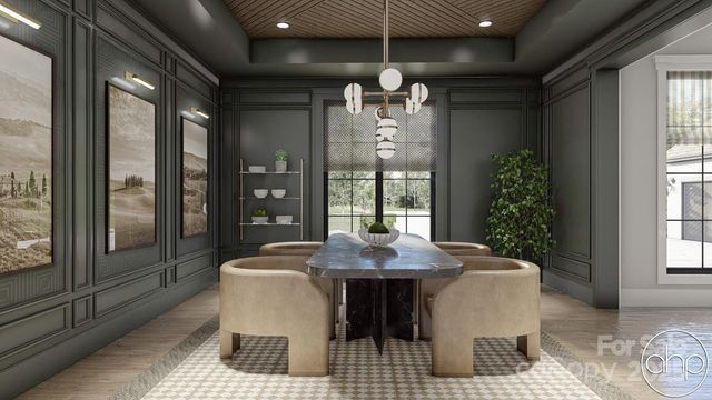 a dining room with furniture and window