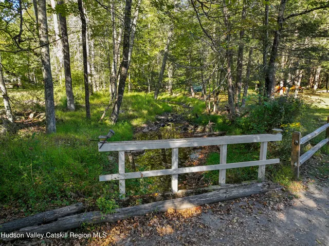 a view of a park with large trees