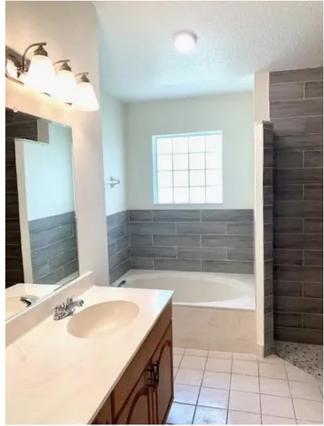 a bathroom with a bathtub sink and mirror
