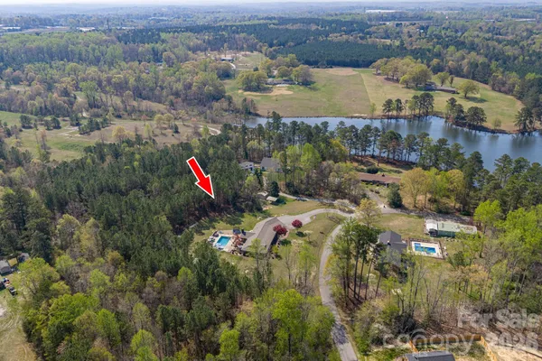 an aerial view of residential houses with outdoor space and trees