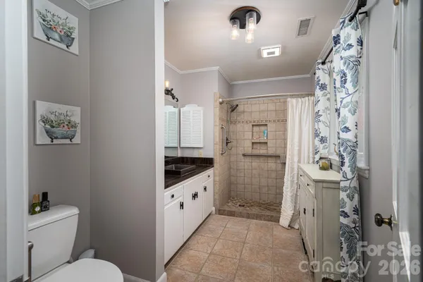 a bathroom with a granite countertop sink a toilet and shower