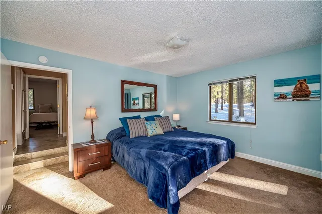 a bedroom with a large bed and a chandelier