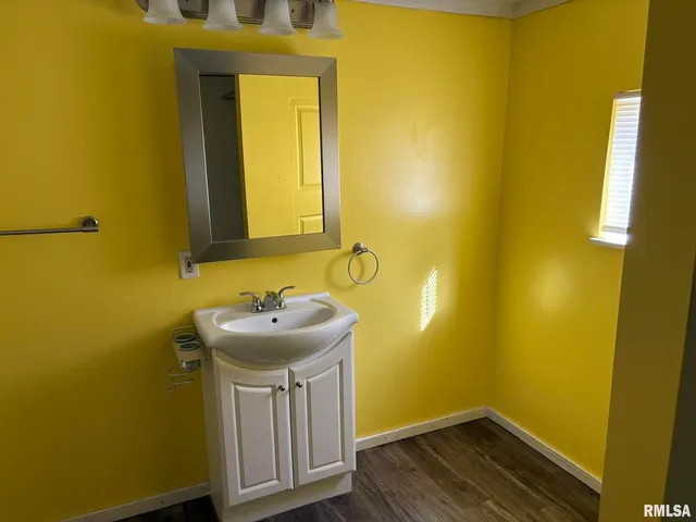 a bathroom with a sink and mirror
