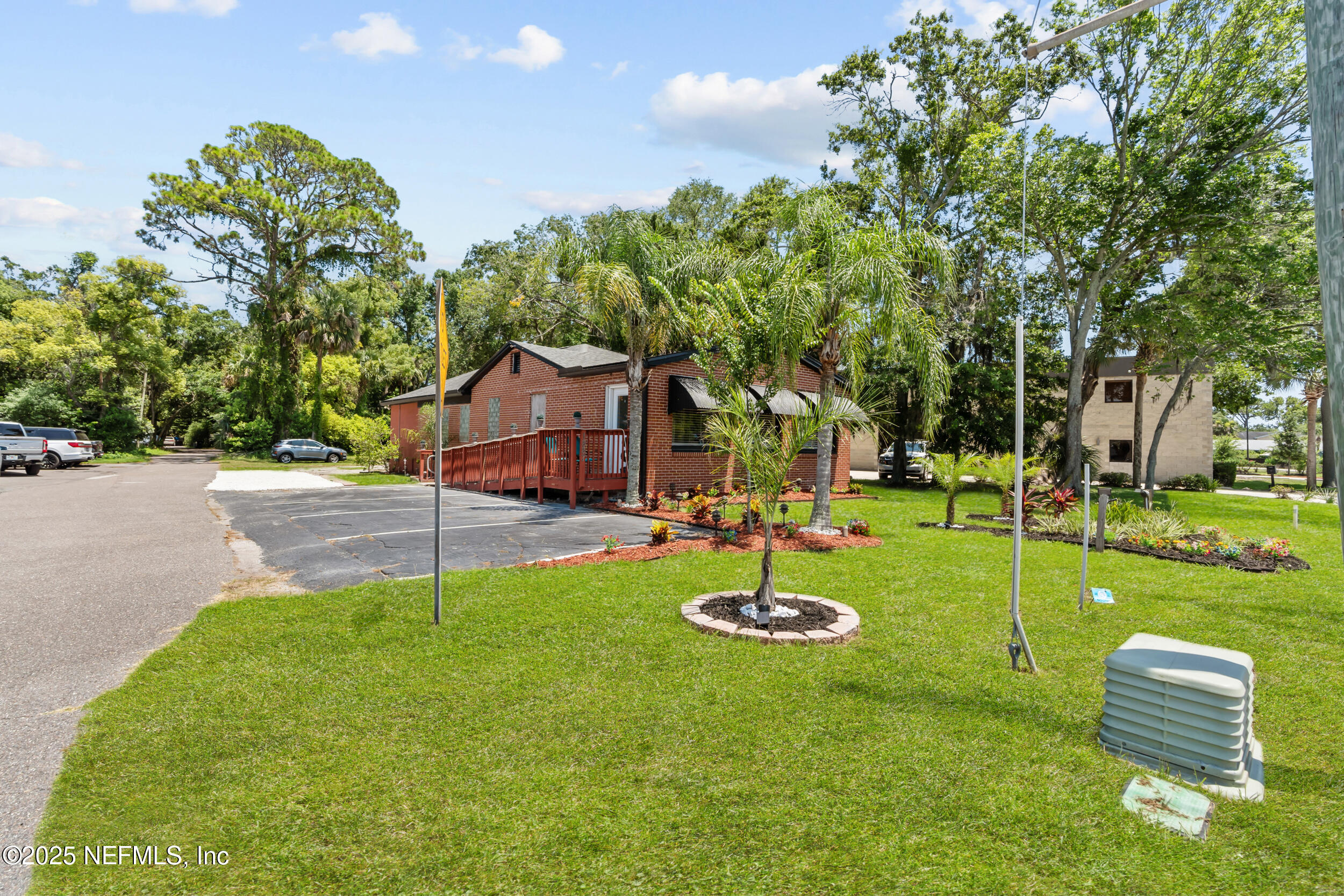 a view of a garden with a slide
