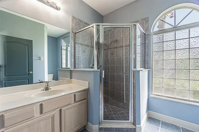 a bathroom with a shower sink vanity and mirror