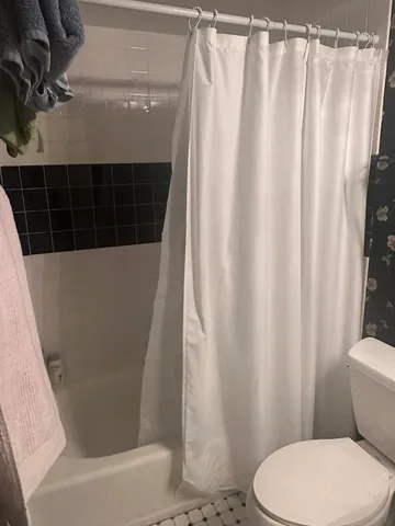 a bathroom with a toilet and a shower curtain