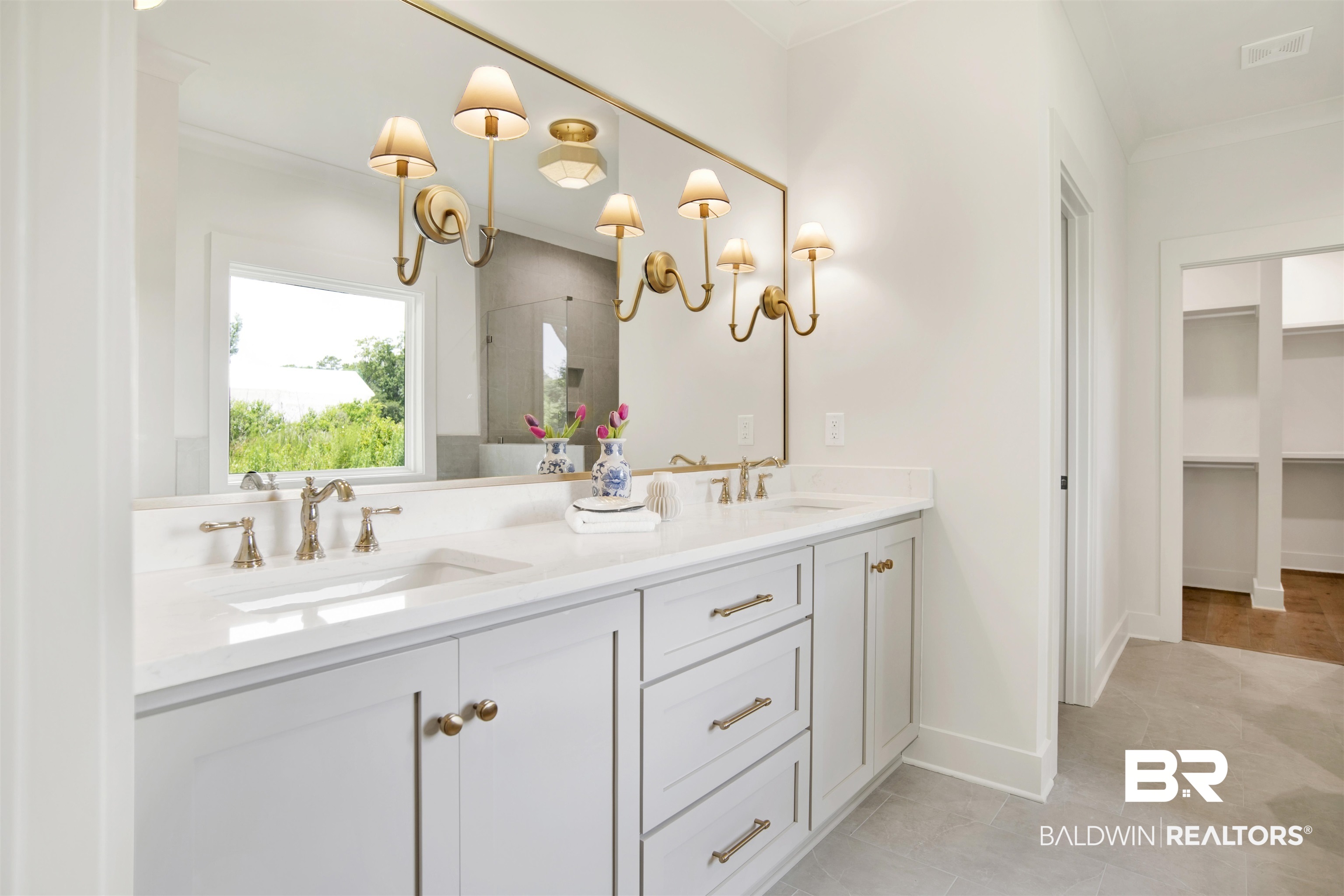 9275 Clarke Ridge Road Foley, AL 36535 - Photo 24 of 43 Full bathroom featuring double vanity, tile patterned flooring, a shower, a spacious closet, and crown molding