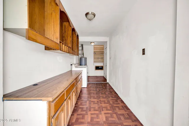 a view of a porch with wooden floor