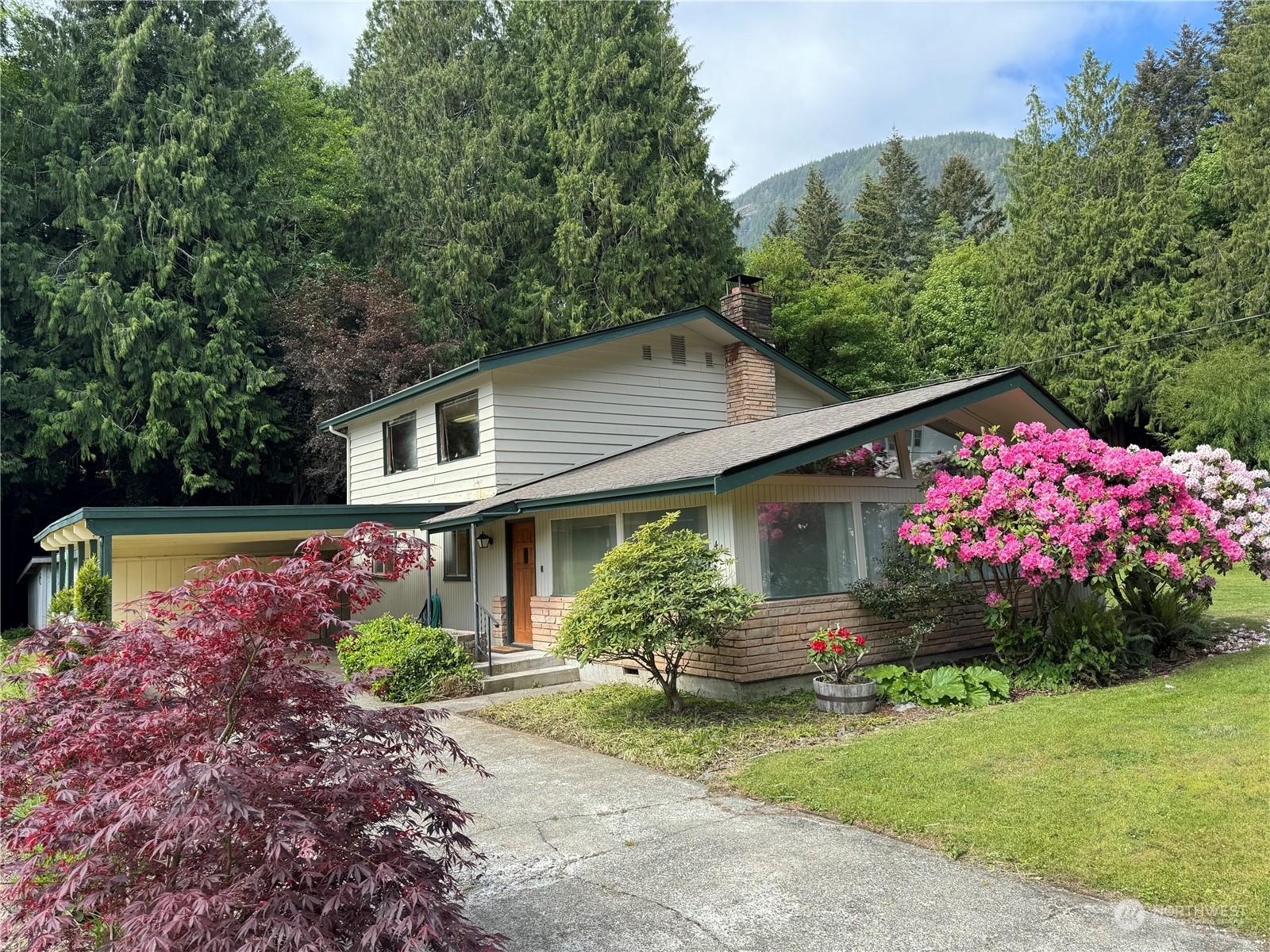 a front view of house with yard and green space