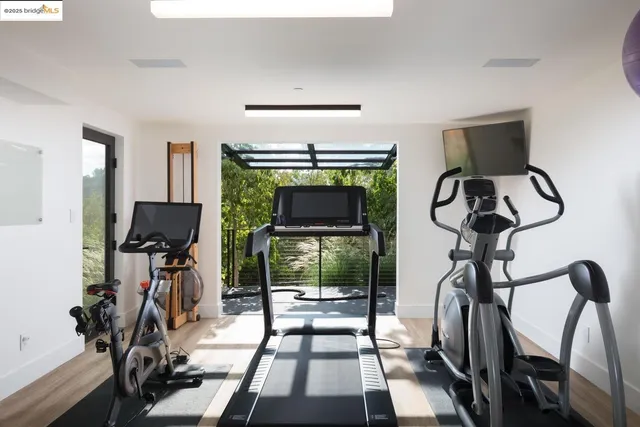 a view of a balcony and a flat screen tv