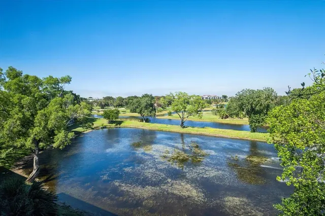 a view of a lake with houses in the back